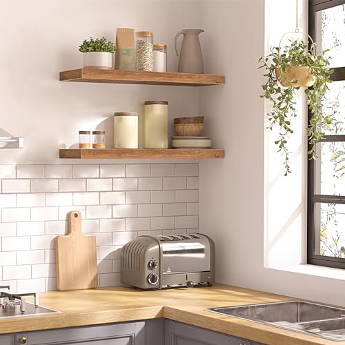 HOOBRO Floating Shelves for Wall, Wooden Floating Shelves Set of 2, Wall Mounted Shelf for Living Room, Bathroom, Bedroom, Floating Shelf with Invisible Bracket, Rustic Brown EBF60BJ01