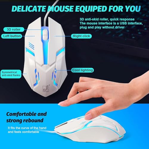 SKY-TOUCH G21 Computer Gaming Keyboard and Mouse Combo :Keyboard with Flexible Polychromatic LED Lights Mechanical Feel Wired USB Working Keyboard Mouse Set for Windows Computer(White)