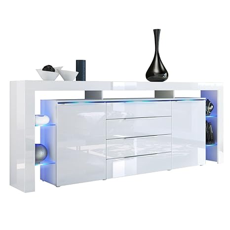 Vladon Sideboard Kommode Lima Nova V2, Korpus in Weiß matt/Front in Weiß Hochglanz
