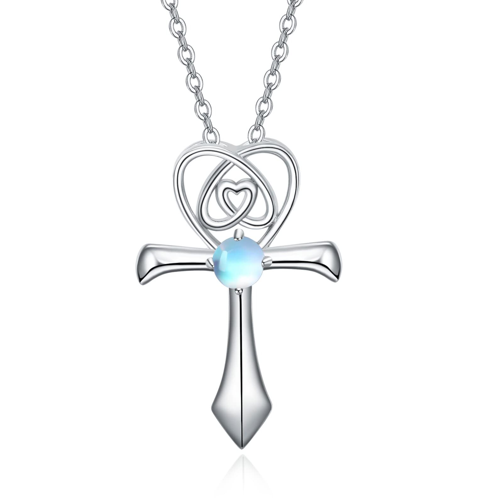 TANGPOET Cross Necklace 925 Sterling Silver Moonstone Crucifix Pendant Religious Christian Baptism Cross Chain Valentines Day Jewellery Gifts for Family Friends