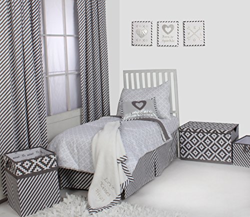 Bacati Love/Hearts Unisex Muslin 4 Piece Toddler Bedding Set, Grey