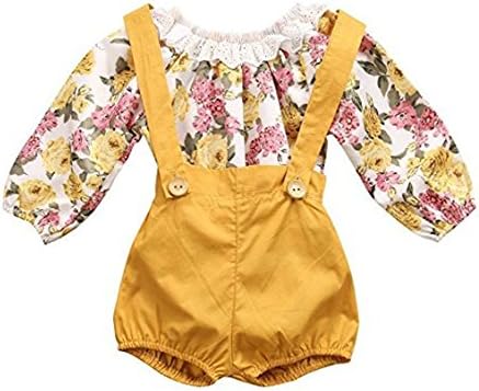 Quavey Toddler Baby Girls Floral Suspenders Pant Set Long Sleeve Romper + Short Overalls 2Packs,0-24 Month(Medium)