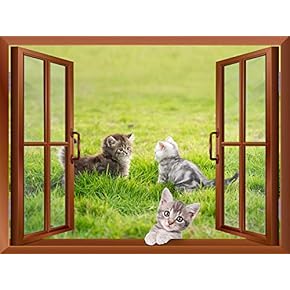 Three Little Kittens Playing on The Grass Outside of an Open Window | Removable Wall Sticker/Wall Mural - 24"x32"