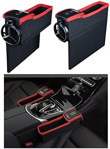 Dyshuai Premium PU Leather Side Pocket Organizer Car Seat Filler Gap Space Storage Box Bottle Cup Holder Coin Collector Car Interior Accessories 1 Driver and 1 Passenger 2PCS (Black and Red)