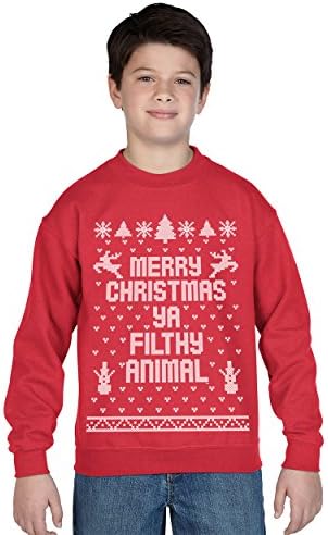 Funny Threads OutletMerry Christmas Ya Filthy Animal Ugly Christmas Sweater Contest Party Xmas Youth Sweatshirt Large Red