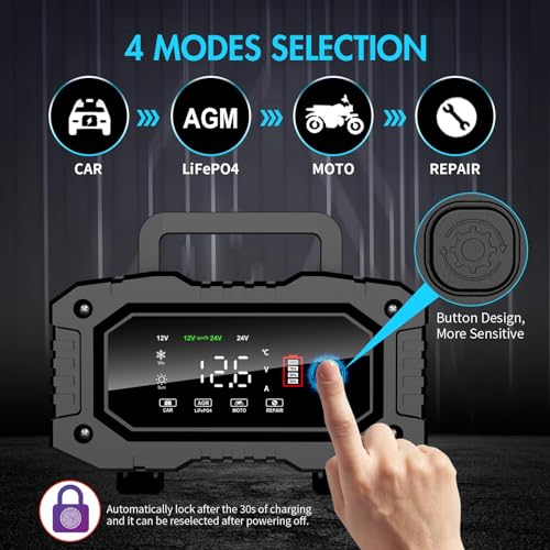 LBOYLOVE® 20 Amp Car Battery Charger, 12V/24V Trickle Charger, LiFePO4 Lead Acid Fully Automatic Battery Maintainer with Battery Repair & Winter Mode for AGM, STD, Gel, Deep Cycle Batteries