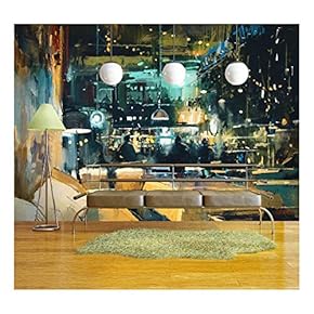 Painting Showing Colorful Interior of Bar and Restaurant at Night - Removable Wall Mural | Self-Adhesive Large Wallpaper - 66x96 inches
