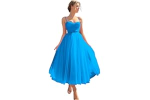 Sevintage Spaghetti Straps Tulle Prom Dress Tea Length Formal Party Evening Dress with Pockets