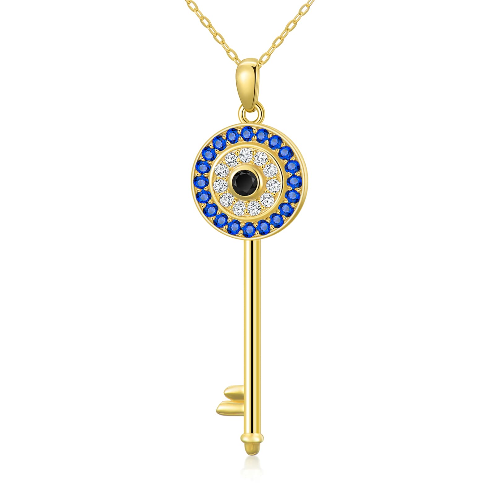 SISGEM 9 ct Gold Evil Eye Necklace, Solid Yellow Gold Key Pendant Necklace, for Her Mum Sister Friends, 16"+1"+1"