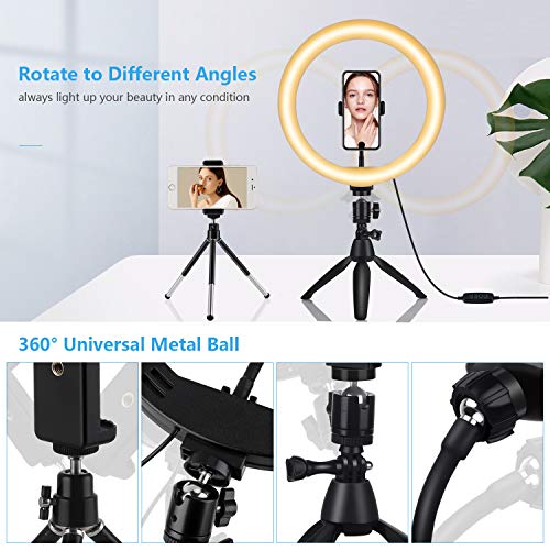 LED 10” Ring Light with Tripod Stand & Phone Holder for Tik Tok & Live Streaming, Dimmable USB Powered Desktop Makeup Ring Lights with 3 Color & 10 Brightness for Youtube Video Photography Shooting