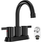 Phiestina 4 Inch 2 Handle Centerset Matte Black Lead-Free Modern Bathroom Faucet, 360 Swivel Spout 2-3 Hole RV Bathroom Vanity Sink Faucet with Pop Up Drain and Water Supply Lines,BF015-1-MB