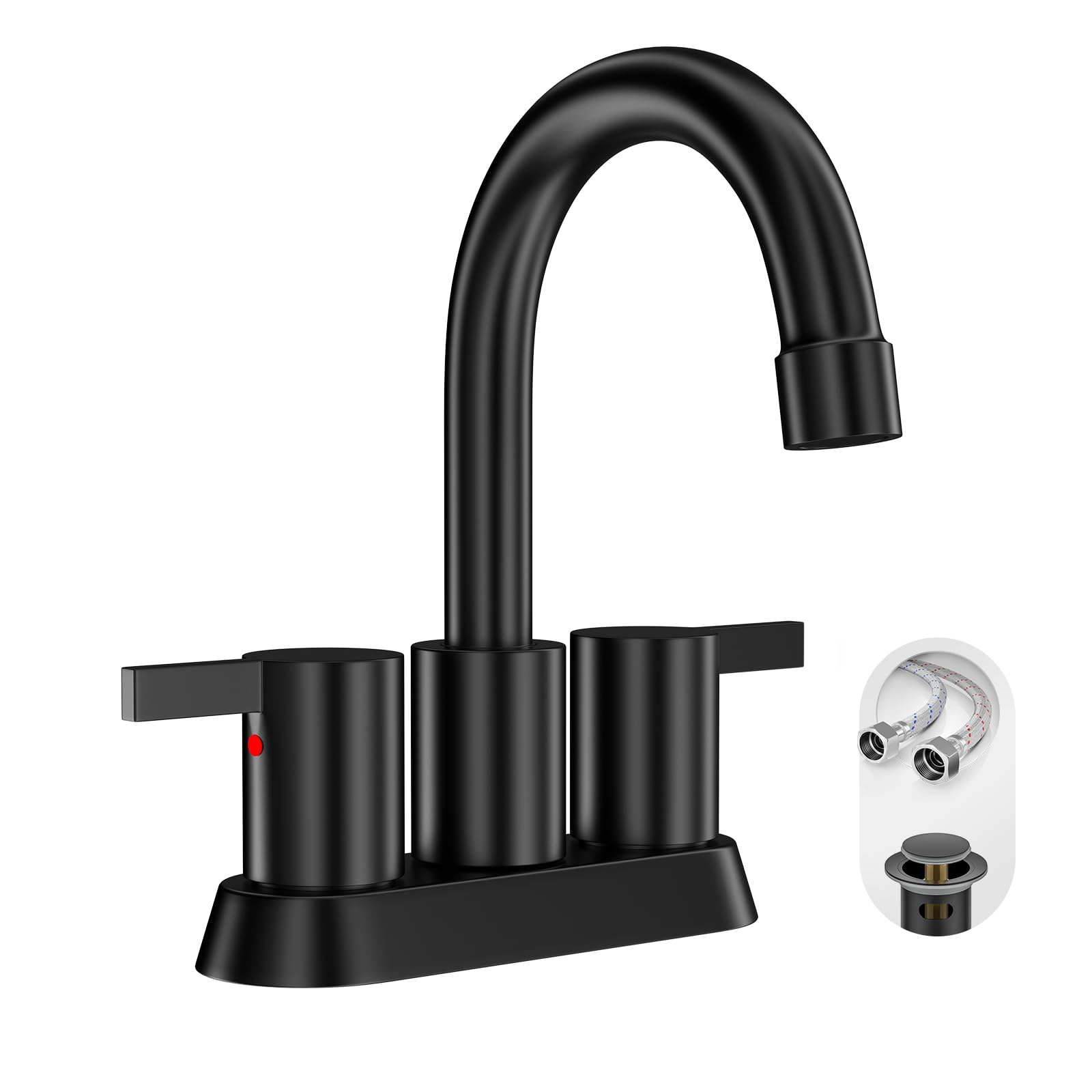 Phiestina 4 Inch 2 Handle Centerset Matte Black Lead-Free Modern Bathroom Faucet, 360 Swivel Spout 2-3 Hole RV Bathroom Vanity Sink Faucet with Pop Up Drain and Water Supply Lines,BF015-1-MB Image
