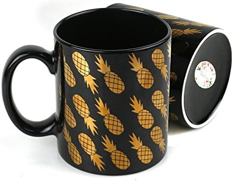 C-Handle Ceramic Coffee Mug With Golden Pineapples Printed Patterns, Hot Cold Liquid 12oz Hand Coffee Cup For Men and Women (Pineapple B)