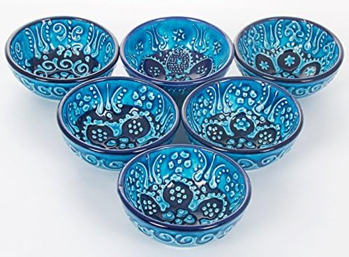 Handmade Turkish Ottoman Ceramic Blue 6 Pieces Nut Bowls 3" Diameters