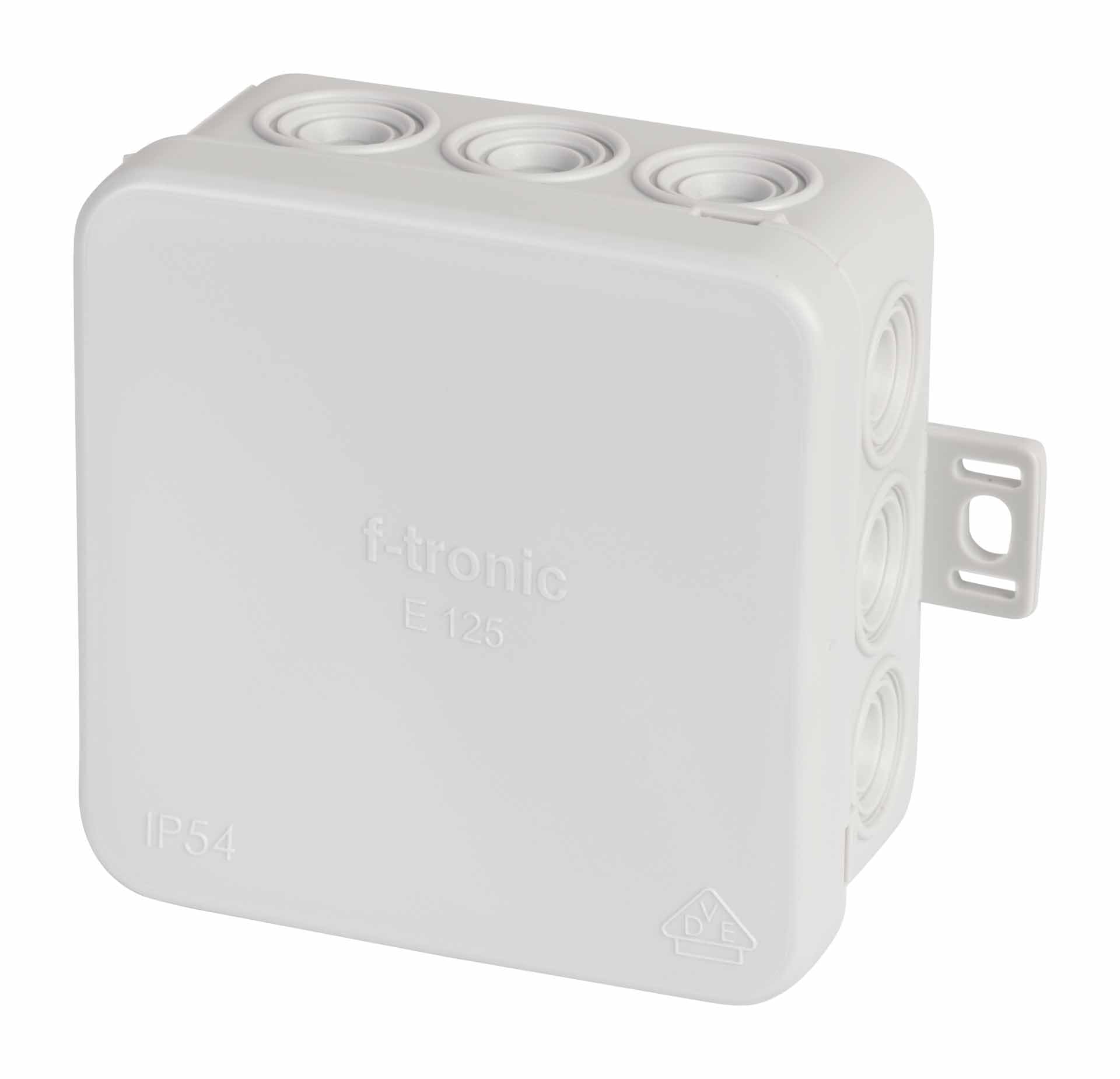 F-Tronic junction box IP54 for damp areas, 75 mm x 75 mm x 40 mm, package of 10, grey, E125