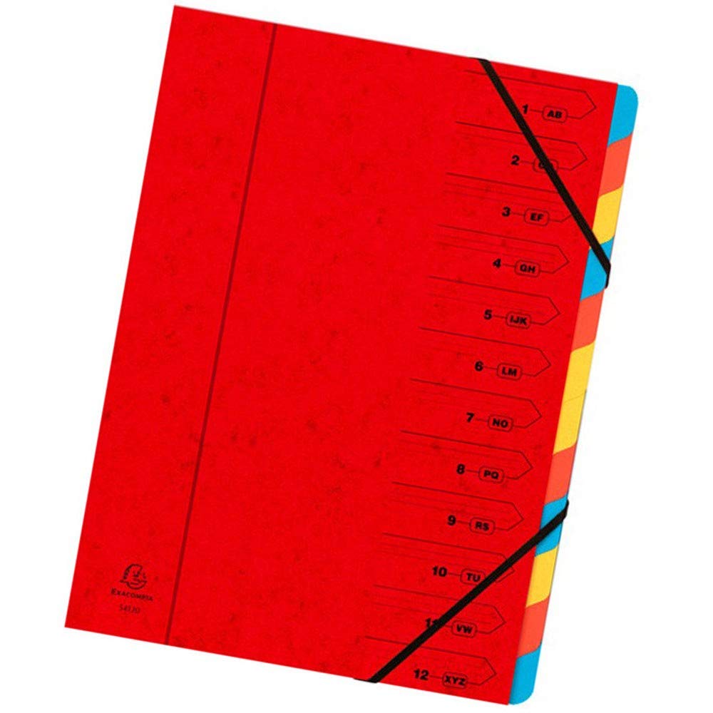 Exacompta - Ref 54125E - Stapled Spine Multipart File - 245 x 320mm in Size, Suitable for Storing A4 Documents - 12 Tabbed Sections - Red Cover with Multicoloured Tabs