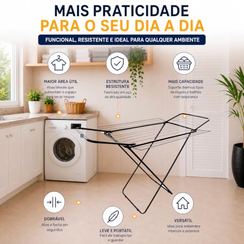 Maxeb Varal de Chão Dobrável com 4 Abas Laterais, Aço Reforçado, Pintura Epóxi Preto, Compacto, Suporta até 20 kg