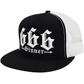 666 Sinner Trucker Cap for Men &ndash; Flat Bill 5-Panel Mesh Hat &ndash; 3D Raised 666 Front Embroidery &ndash; Adjustable Snapback &ndash; One Size Fits Most &ndash; Bold Baseball Cap (Black/White)