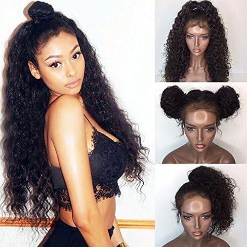 Fyonas 360 Lace Frontal Wig Wet And Wavy Brazilian Virgin Human Hair Wigs with Baby Hair for Black Women Pre Plucked Hairline Curly Swiss Lace Wig 180% Density 16 Inch Natural Black Color