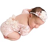 Newborn Lace Romper, 2 PCS Baby Girl Photography Props, Newborn Girl Photography Outfits with Flower Headband for Infants