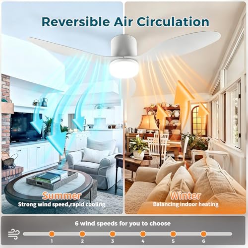 YrgePowk 130 cm Ceiling Fan with Light – 60 W Silent Fan with Remote Controls, 6 Speeds DC Reversible Timer Ceiling Fan for Kitchen, Living Room, Bedroom, Dining Room