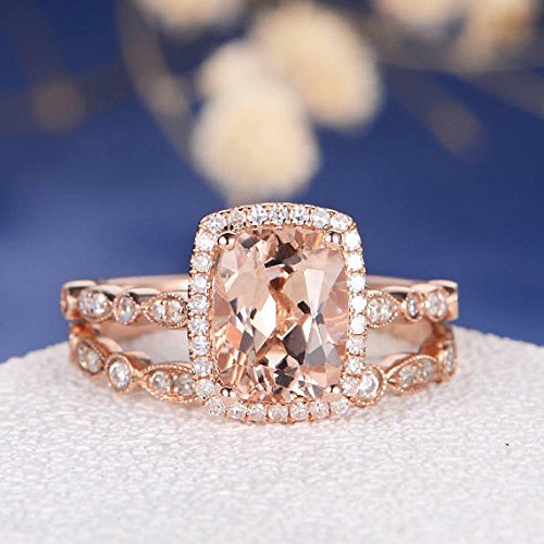 Amazon Com Antique Morganite Wedding Ring Set Cushion Cut