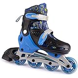 New Bounce Adjustable Inline Skates for Kids - 4 Wheel Blades Roller Skates for Boys, Girls, Teens, and Young Adults Outdoor Rollerskates for Beginners & Advanced | Blue (Large (6-9 US))