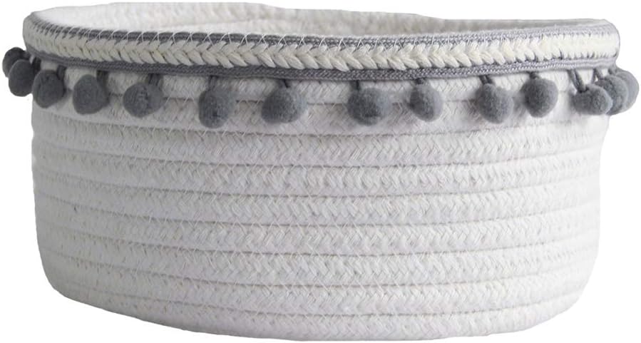 Znvmi Small Cotton Rope Basket Cute Woven Storage Container Baby Nursery Organizer Home Decor Desktop Cabinet Storage Bin for Toy Makeup Key - White&Grey Pompoms