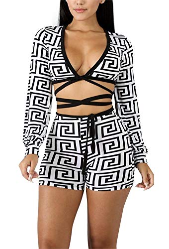 Womens Sexy Deep V Neck 2 Piece Outfits Set Plaid Long Sleeve Bandage Crop Top and Skinny Short Pants