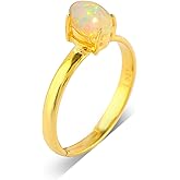 14K Gold Plated Natural Ethiopian Opal Ring - Adjustable Ring - 4-Prong 925 Sterling Silver Ring, Handmade, October Birthstone, Jewelry for Women Gift