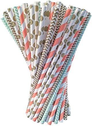 Haberi 100 Pcs Biodegradable Paper Straws for Birthdays, Weddings, Baby Showers, Celebrations and Parties, Gold,Blue and Pink Pattern
