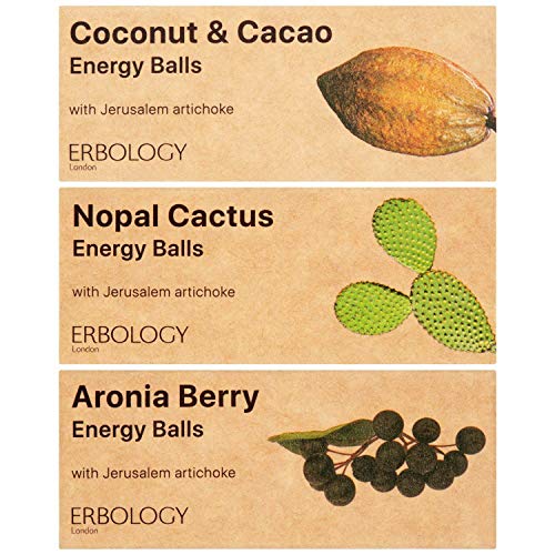 Erbology Organic Energy Bites (3 x 1.4 oz Pack) Flavors: Coconut & Cacao, Nopal Cactus and Aronia - Raw - Vegan - Gluten-free - Prebiotic - Inulin