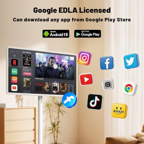 VLH 32″ FHD Portable TV on Wheels, Rolling TV with 38400mAh Battery, Android 15 OS, EDLA-Certified, 8G+128GB, Touch Screen Television with Camera, Wireless Casting, Voice Remote Control
