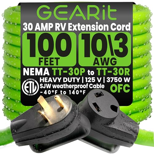 GEARit 30 Amp RV Extension Cord 100 Ft, 10/3 STW 30Amp RV Power Cord 125V 3750W NEMA TT-30P to TT-30R, 3 Prong Waterproof Heavy Duty for Camper Travel Trailer