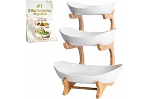 3 Tier Countertop Organizer, Tiered Fruit Bowl Stand with Bamboo Frame, Ceramic Serving Tray for Kitchen Counter, Space Savin