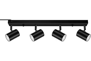 AUQUEE 4 Light Track Lighting Kit,Black 4 Way LED Plug in Ceiling Spotlight,Industrial GU10 Wall Light for Kitchen Cabinet Gallery Bar Hallway Living Room,Rocker Switch,15 Foot Cord(No Bulb)