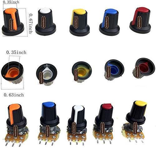 Potentiometer Kit, Ltvystore B5K B10K B20K B50K B100K Ohm Knurled Shaft Linear Rotary Taper Potentiometer + 5 Color Potentiometer knob + 3296W Variable Resistor Multiturn Trimmer Adjustable Precision - Thumbnail 4