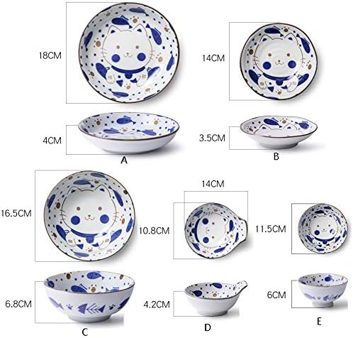 Happiness Ceramic Bowl Dish Plate Fruit Salad Soup Ramen Noodle Rice Dessert Cereal Bowl Set Pasta Plate Seasoning Miso Tableware Blue Lucky Cat (Size : D)