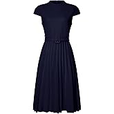 Hobemty Women's Pleated Dress Mock Neck Cap Sleeve Belted A-Line Dresses