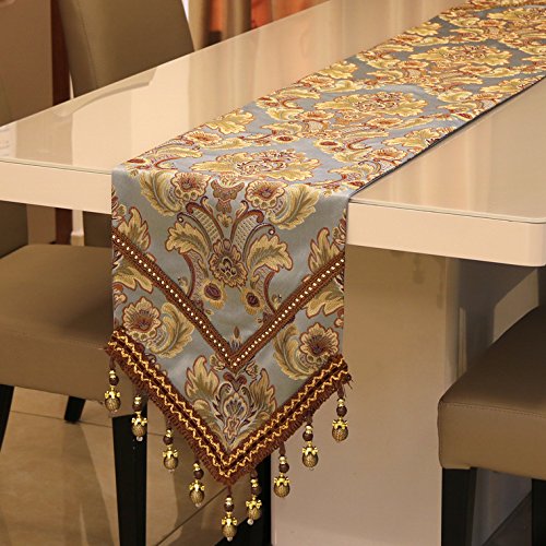 MAGILONA Home Tablecover Bead Decorative Europe Luxurious Cotton Linen Velvet 3D Relief Embroidered Floral Pattern Table Runner Dining Party 13x83 in (Blue)