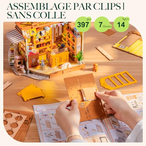 Rolife DIY Miniature Dollhouse Fluffy Friends Store 397 Pcs Wood Kit | 1:18 Scale LED Lighting Grooming Salon 7H Mounting Snap-Fit Intermediate Wooden Puzzle 3D Gift Adult Teen