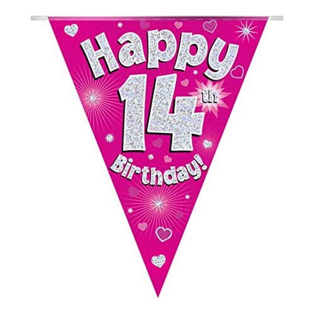 Party Bunting Happy 14th Birthday Pink Holographic 11 flags 3.9m