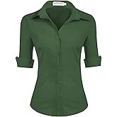 HOTOUCH Womens 3/4 Sleeve Button Down Shirt Slim Fit Work Blouses Cotton Dress Shirts Office Tops