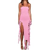 Women’s Bodycon Tube Dress Sexy Strapless Y2K Ruffle Trim Irregular Floral Tassel Split Ruched Club Night Party Midi Dress