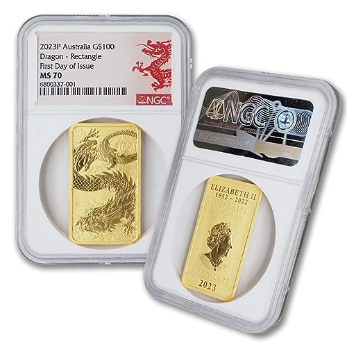 2023 P 1 oz Australian Gold Dragon Bar Rectangular Coin MS-70 (First Day of Issue) 24K $100 NGC MS70