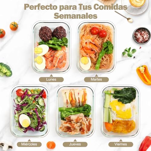 10 Piezas Recipientes de Vidrio con Tapas Herméticas, Reutilizables, Apto para Microondas, Horno, Congelador y Lavavajillas, Sin BPA, Fiambrera Cristal, Blanco