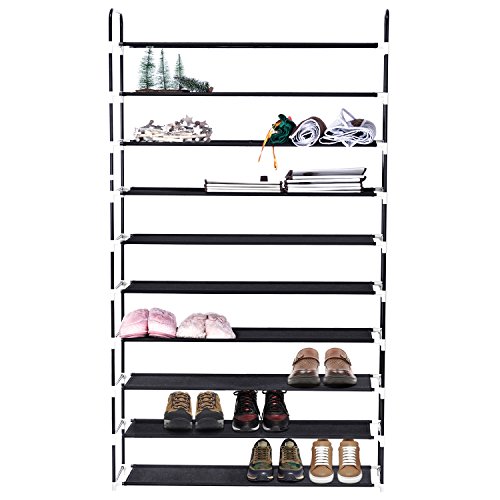 MaidMAX 10 Tiers Free Standing Shoe Rack for 50 Pairs of Shoes Organizer in Closet Entryway Hallway, Metal Frame and Fabric Shelves, 39.4 x 11.4 x 68.9'', Black