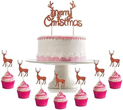 Amazon Com Merry Christmas Rose Gold Glittery Cake Topper 24 Pcs Elk Cupcake Toppers Christmas Holiday Party Decorations Christmas Cake Decor Xmas Cake Decor Toys Games