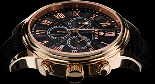 LOUIS-XVI-Herren-Armbanduhr-Danton-Rosegold-Schwarz-Rmische-Zahlen-Chronograph-Analog-Quarz-echtes-Leder-Schwarz-517