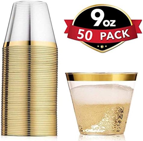 Gold Plastic Cups ~ 9 oz 50 Pack Hard Clear Party Cups Fancy Wedding Cups Disposable Old Fashioned Tumblers, Recyclable Drinking Cups Plastic Glasses (Gold Trim)